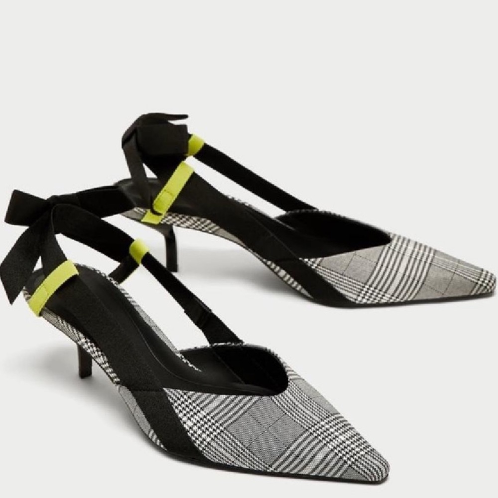 Zara Plaid Sling Back Kitten Heels NWOB